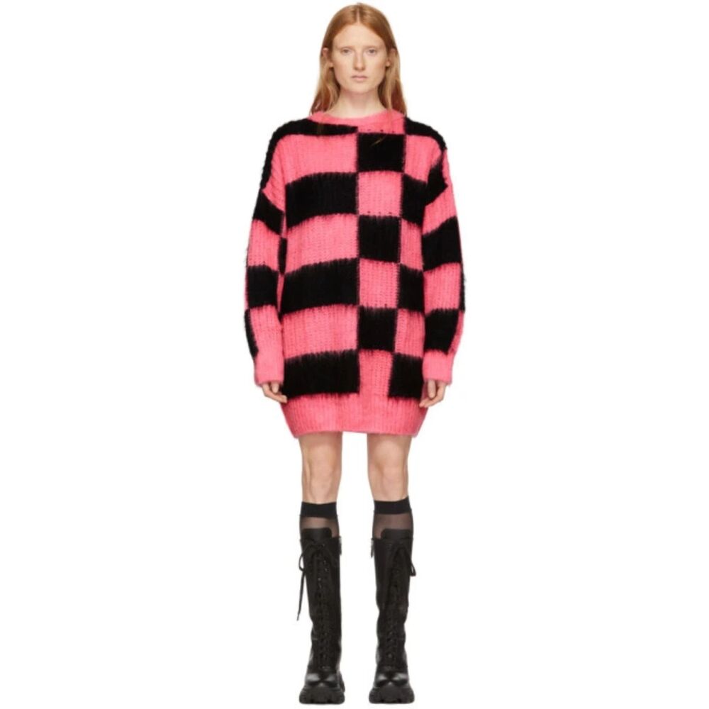 MSGM Sweater Dress Womens Small Pink Black Check Pullover Fuzzy Mohair Oversized